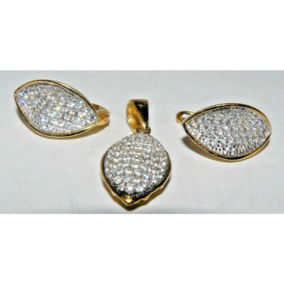 Pave Diamond Covered Leaf Shaped Pendant & Earrings Set YGP 925 Sterling Silver - Picture 1 of 6